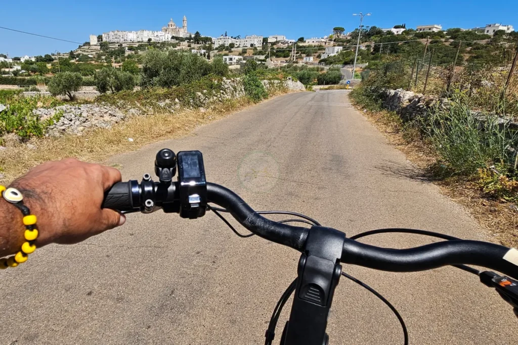 Cyclists riding e-bikes along a rural trail lined with ancient olive trees near Alberobello