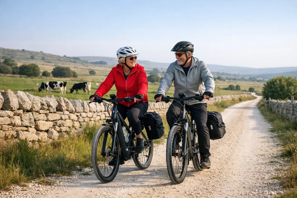 Coppia in e-bike su strada bianca tra muretti a secco e pascoli nella Murgia.
