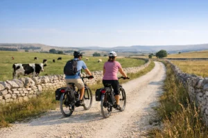 E-bike mozzarella Gioia del Colle countryside ride between dry stone walls and grazing cow