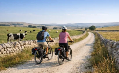 Couple riding mozzarella bike tour Puglia along dry stone walls in rural countryside