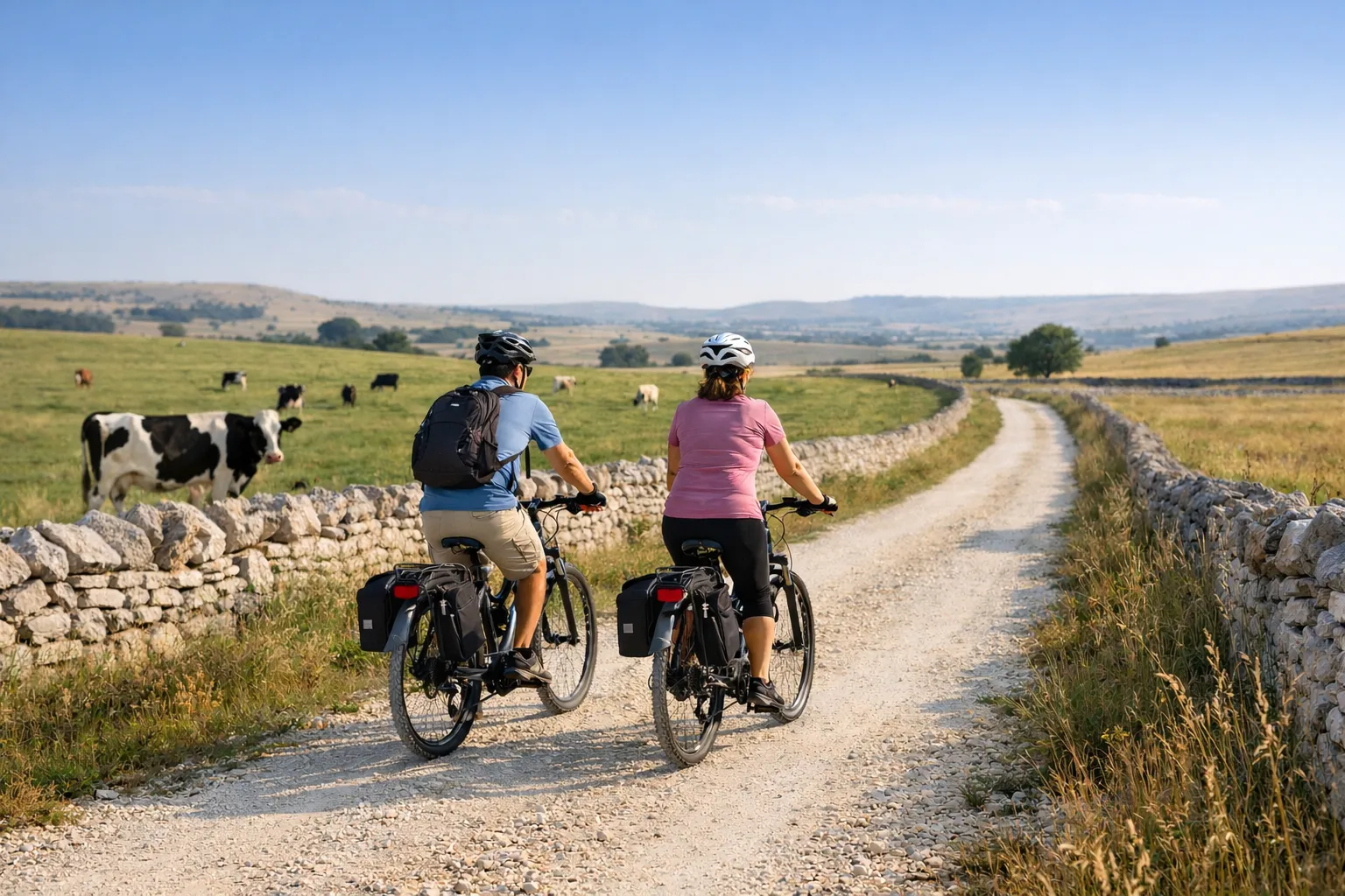 E-bike mozzarella Gioia del Colle countryside ride between dry stone walls and grazing cow