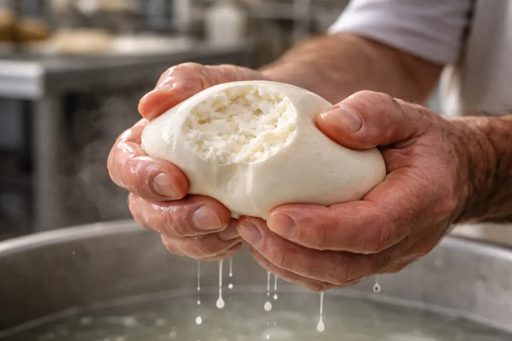 Assaggio di mozzarella fresca: si mangia con le dita, a morsi, con il siero che fuoriesce.