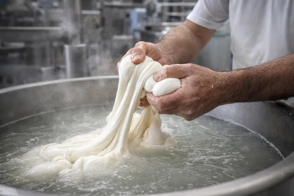 Lavorazione artigianale della mozzarella in caseificio a Gioia del Colle.