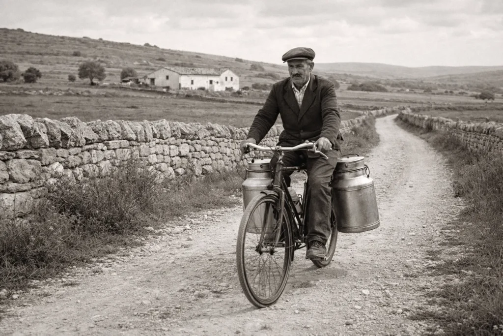 Lattaio in bicicletta sulle strade rurali della Murgia con i bidoni del latte.
