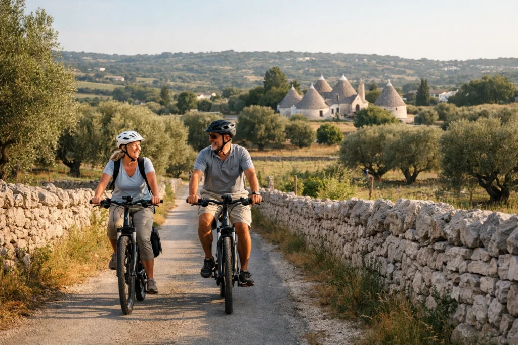 Couple riding e-bikes on a quiet gravel road in central Puglia at golden hour