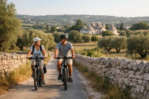 Couple riding e-bikes on a quiet gravel road in central Puglia at golden hour