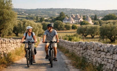 Couple riding e-bikes on a quiet gravel road in central Puglia at golden hour