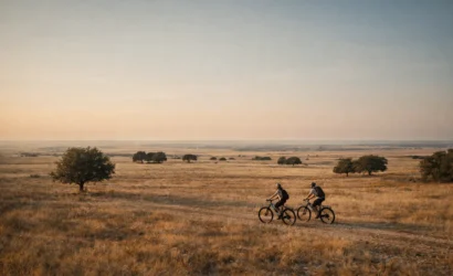 Couple riding e-bikes across Alta Murgia plateau during a self guided bike tour in Puglia
