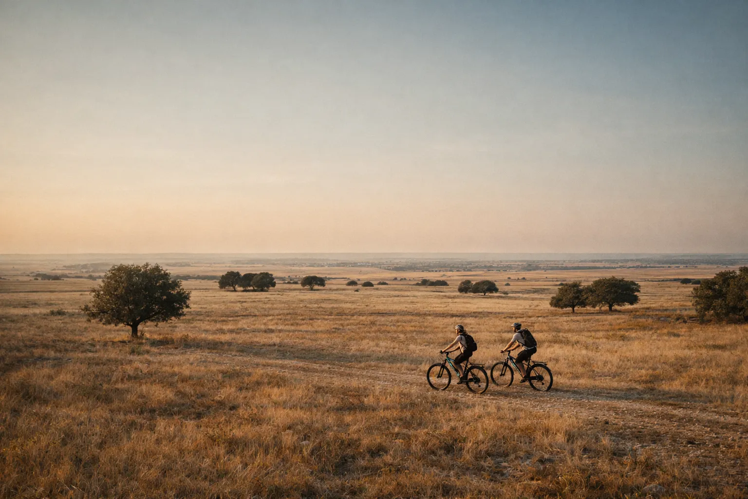 Couple riding e-bikes across Alta Murgia plateau during a self guided bike tour in Puglia