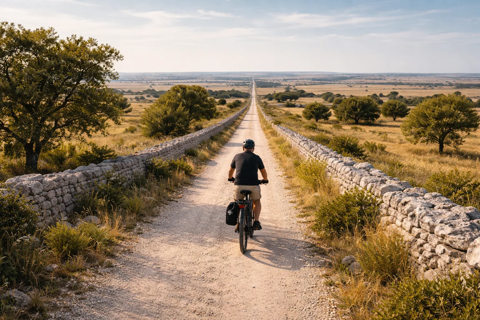 Cyclists on a self guided bike tour Puglia crossing rural countryside near Gioia del Colle