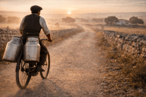 milk collector riding a bicycle on the rural roads of the Murgia near Gioia del Colle