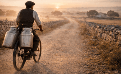 milk collector riding a bicycle on the rural roads of the Murgia near Gioia del Colle