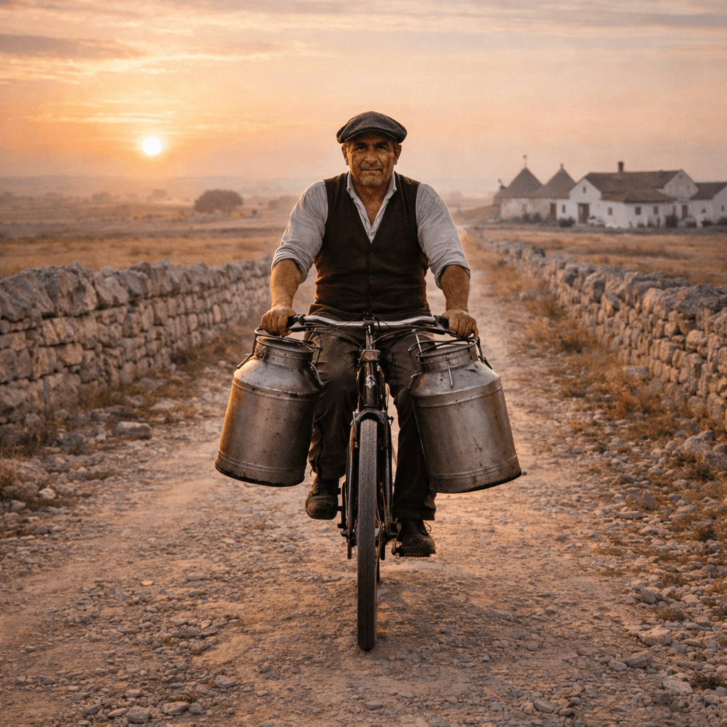 bicicletta con bidoni di latte sulle strade rurali della Murgia