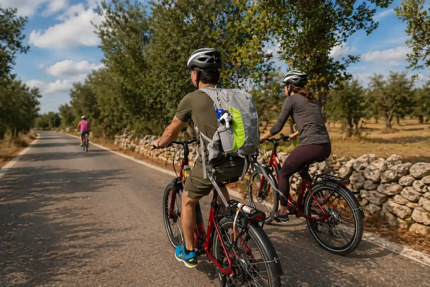 Ebike rental e tour in Puglia, ciclisti su strada tra ulivi e natura.