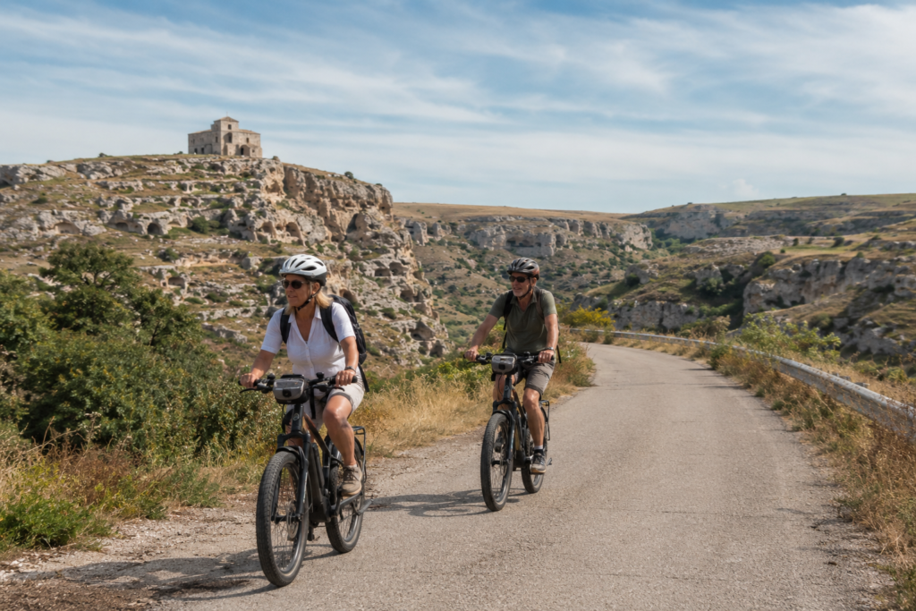 Mature travelers riding e-bikes through the rocky gravina landscape near Matera in Basilicata, southern Italy, on a quiet panoramic countryside road during a scenic cycling experience.