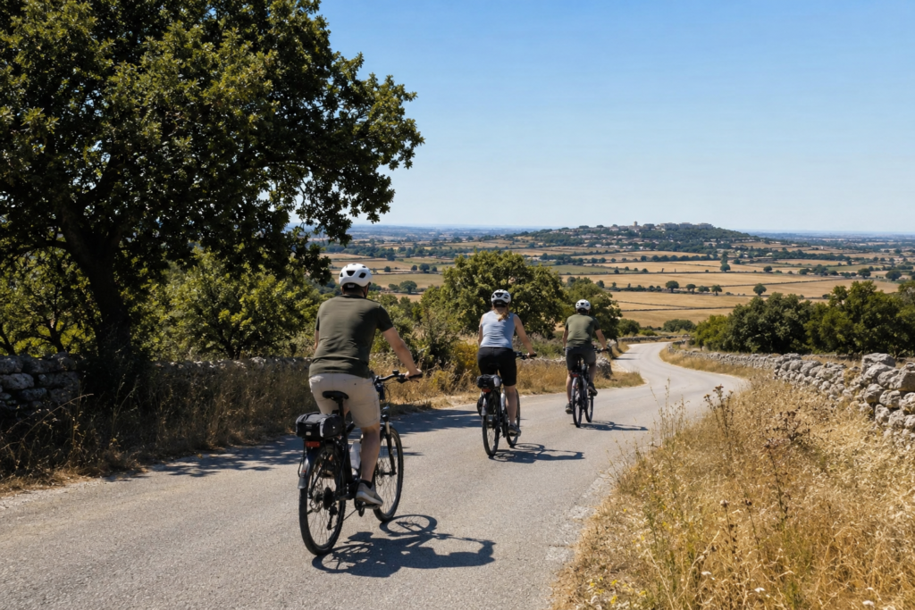 Scenic cycling holidays in Puglia across Alta Murgia. Adult cyclists riding premium e-bikes on a quiet countryside road in Alta Murgia near Gioia del Colle, surrounded by dry stone walls, open rural landscapes and oak trees in southern Italy.