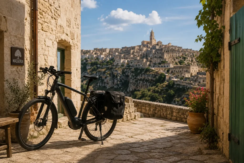 Premium touring e-bike overlooking the historic landscape of Matera during a self-guided cycling holiday in southern Italy