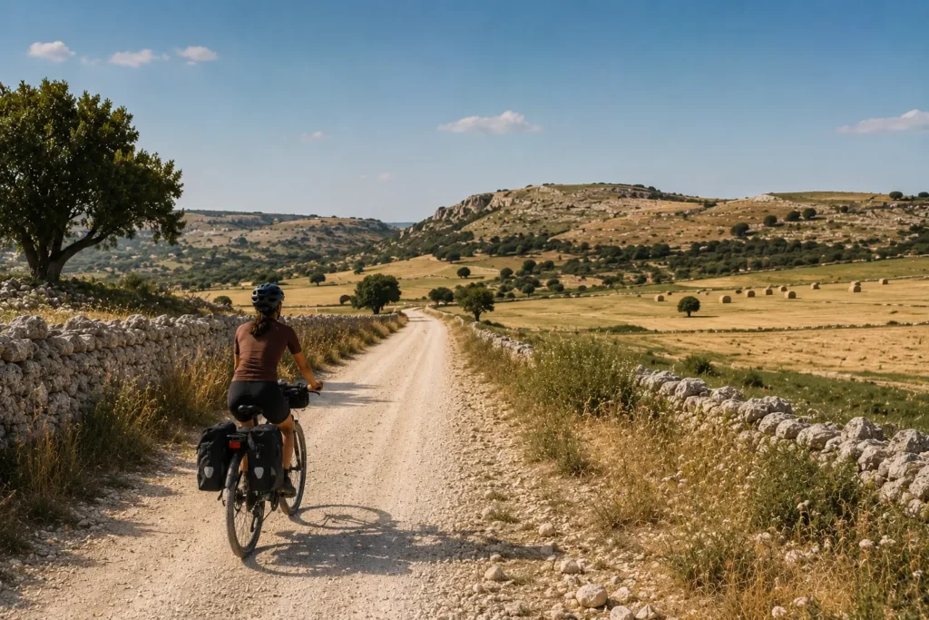 Cyclist riding an e-bike on a remote gravel road through the open landscapes of Alta Murgia in southern Italy