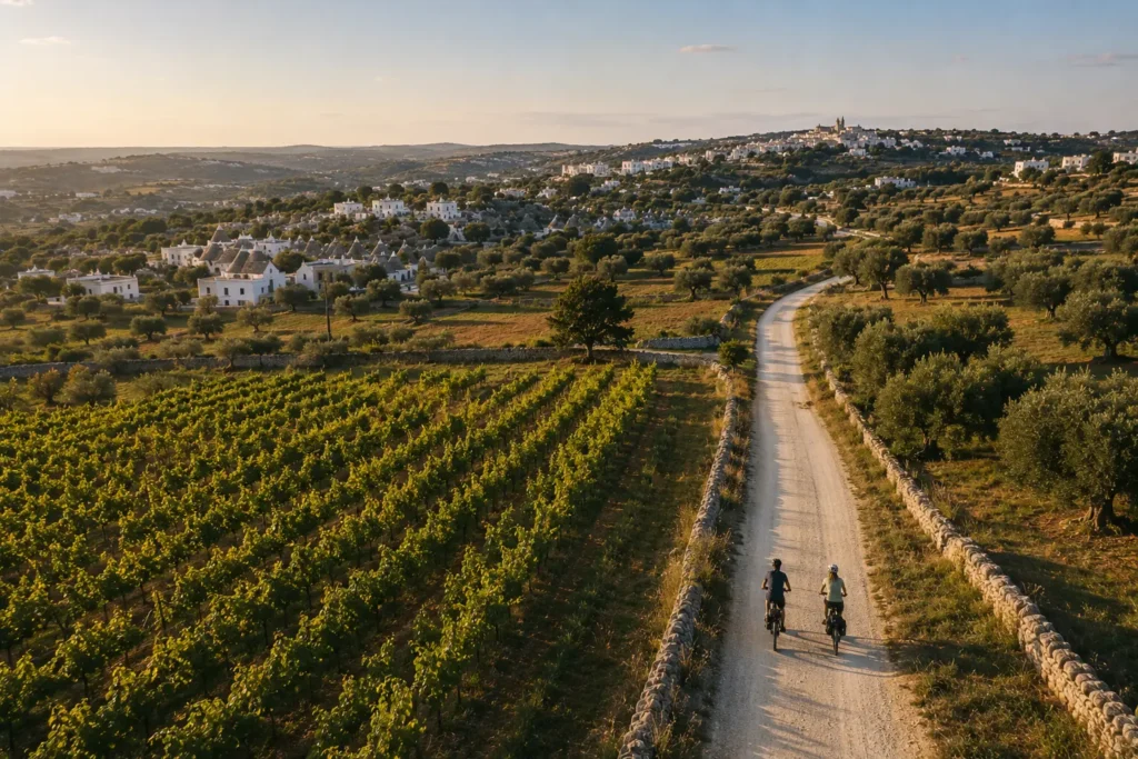 Aerial view of cyclists riding through the countryside of Valle d’Itria during a self-guided cycling holiday in Puglia