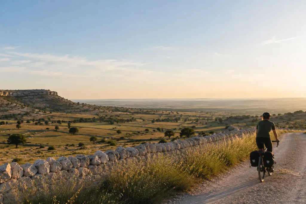 Cyclist riding an e-bike through the remote countryside landscapes of Alta Murgia in Puglia during a self-guided cycling holiday