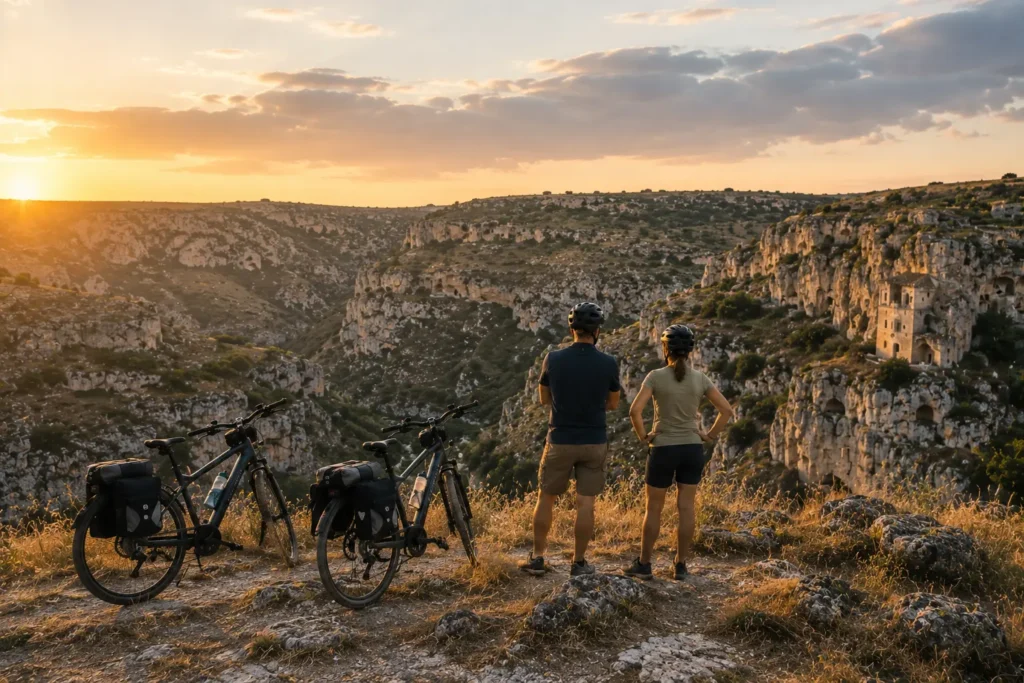Travelers overlooking the rocky gravina landscape near Matera during a self-guided cycling holiday in Basilicata