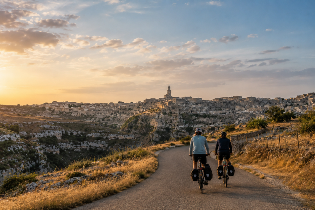 Cycling route approaching Matera through Basilicata landscapes