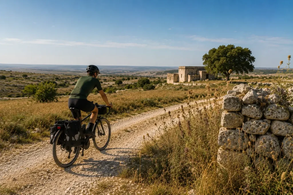 Self-guided e-bike touring route across the remote countryside landscapes of Alta Murgia in Puglia