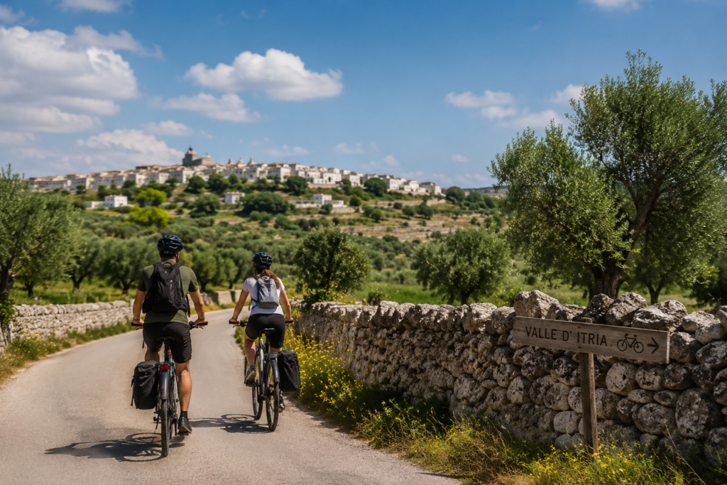 Cyclists riding on quiet countryside roads in central Puglia