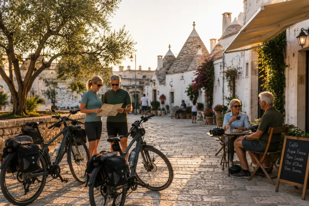 Self-guided e-bike travelers enjoying a quiet village stop during a cycling holiday in southern Italy