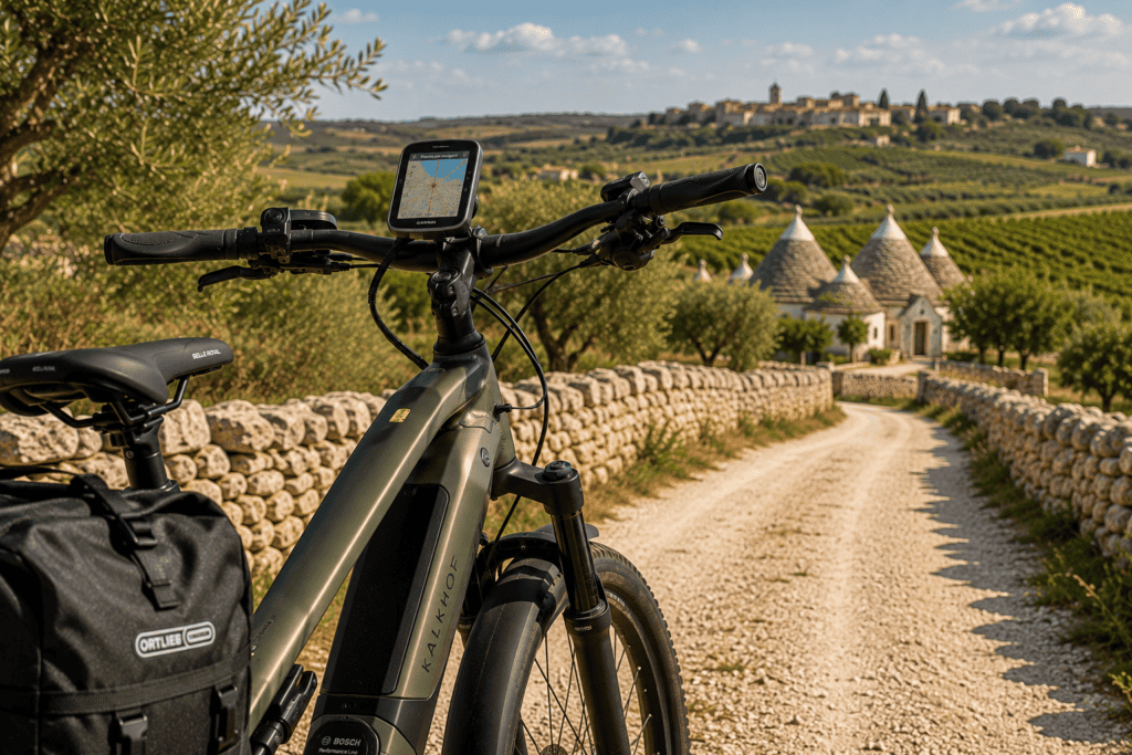 Ebike elettrica in campagna con paesaggio pugliese e trulli in background.