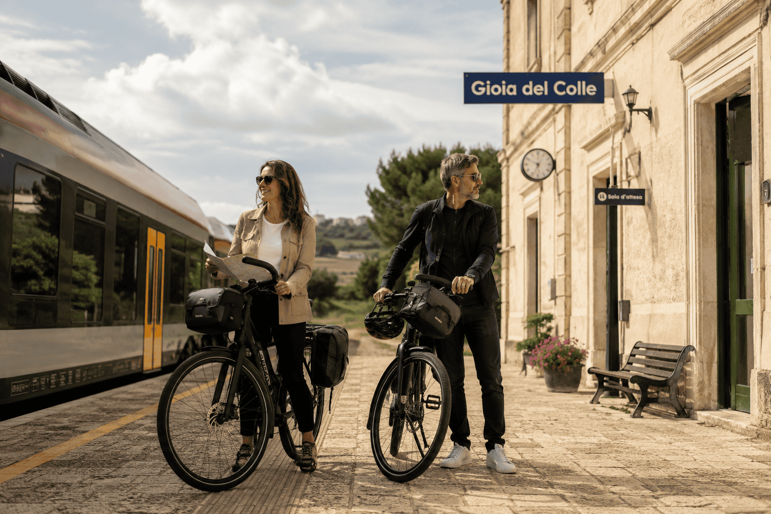 Cyclists with e-bikes near the railway in Puglia