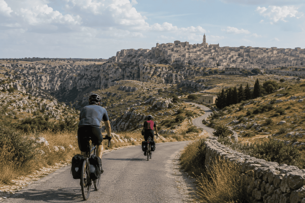Cyclists riding through the Murgia landscape towards Matera