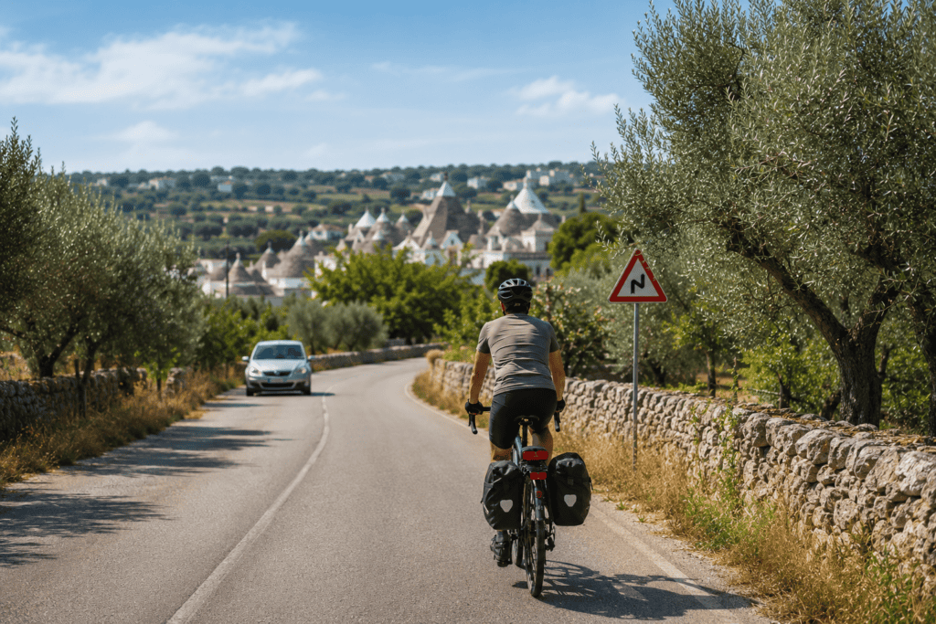 Cyclist using a quiet shared rural road in Puglia
